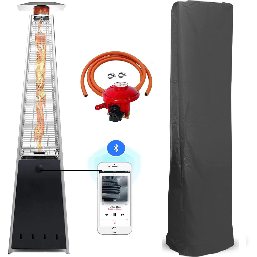 (Black, With Bluetooth Speaker) Patio Gas Heater Stainless Steel Pyramid Style