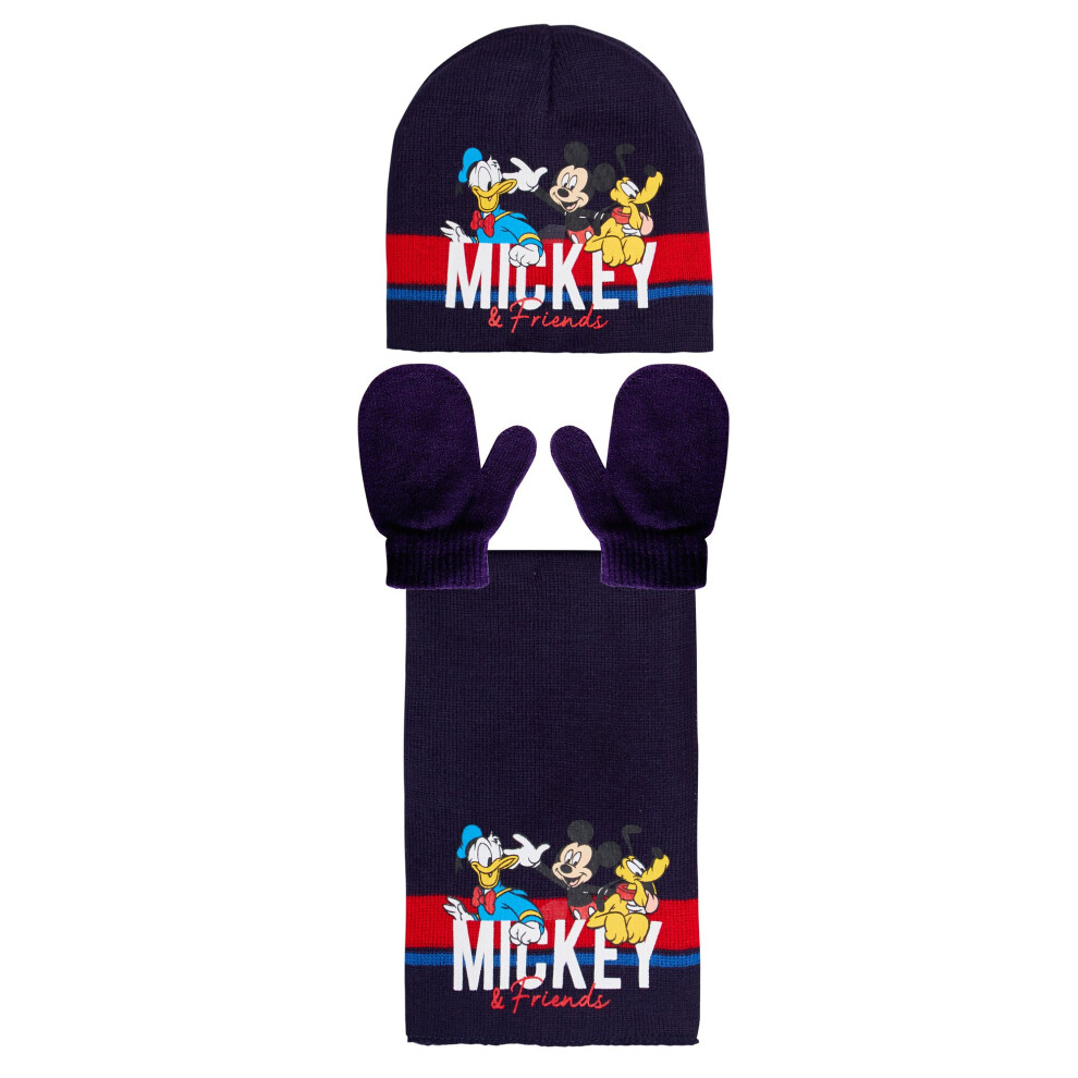 (Navy, 12-18 Months) Boys Disney Mickey Mouse & Friends 3 Pcs Winter Set Hat + Mitten Gloves + Scarf