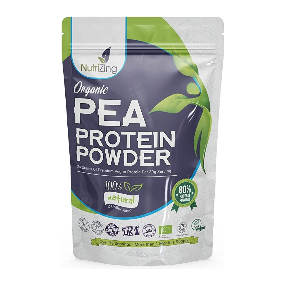 Nutrizing Organic Pea Protein Powder 100% Vegan Unflavoured 80% Protein Gluten & Soy Free Gmo-Free Canadian Peas