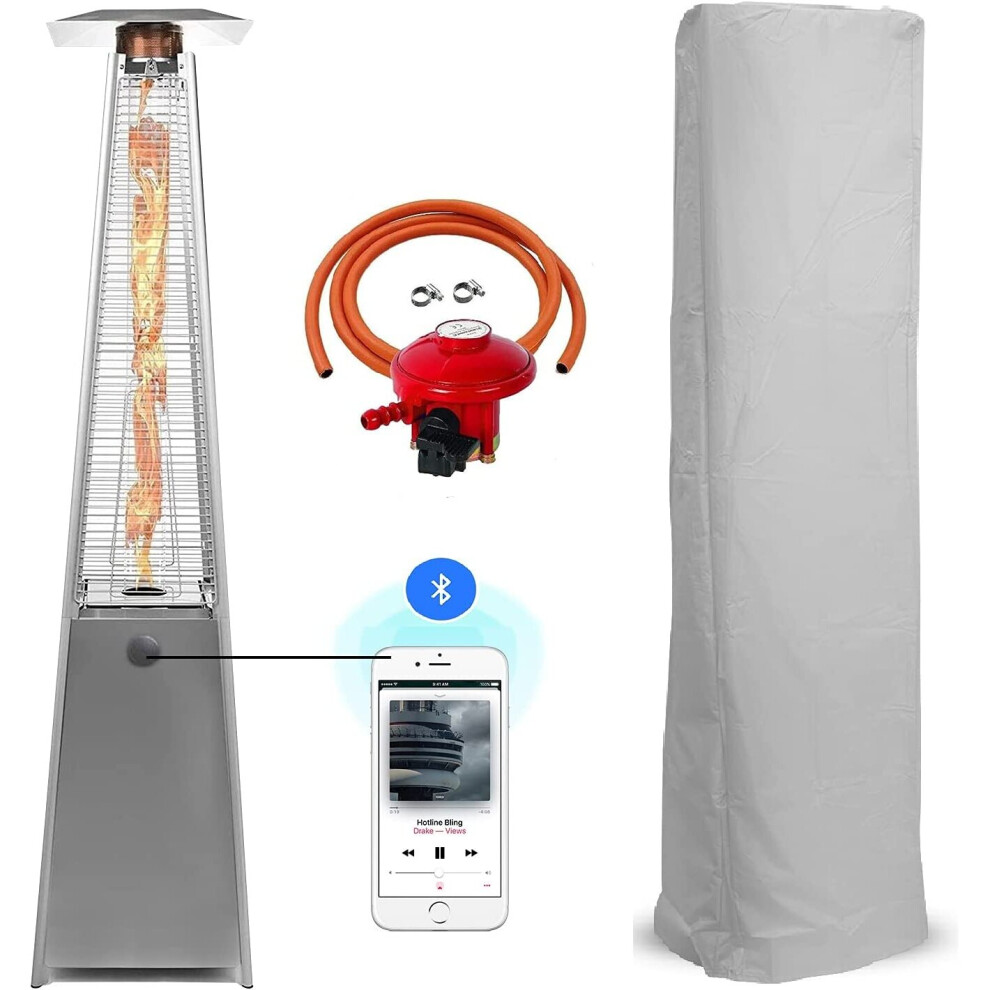 (Stainless Steel, With Bluetooth Speaker) Patio Gas Heater Stainless Steel Pyramid Style