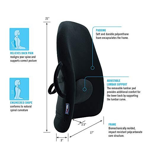 ObusForme Black Lowback Lumbar Backrest Pad Replacement - Removable, Adjustable Contoured Support 1
