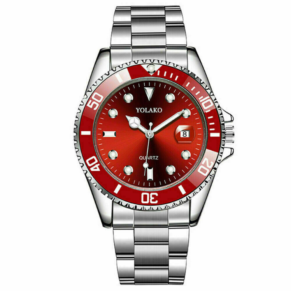 (Mens Stainless Steel Watch Red) Mens Stainless Steel Watch Classic Luxury Casual Analog Date Quartz Wrist watch