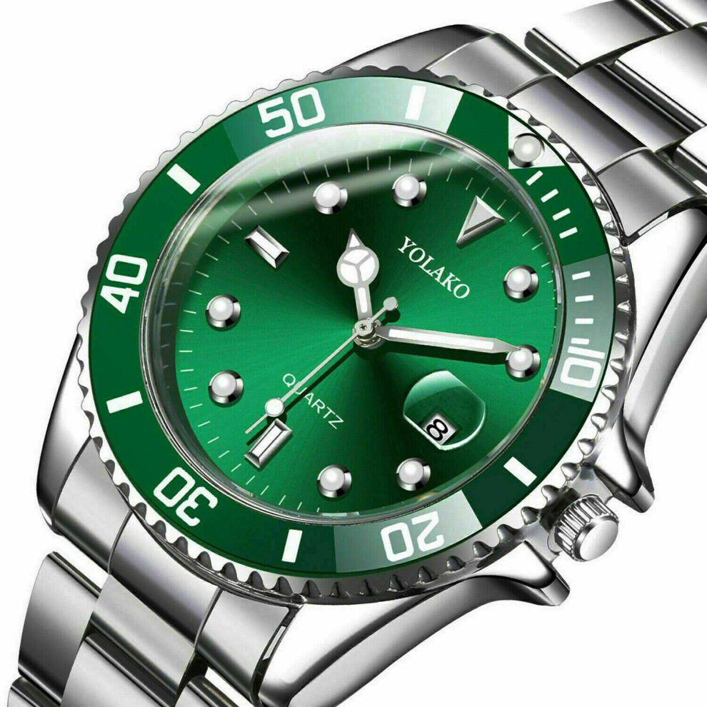Selloria (Green) Mens Stainless Steel Watch Classic Luxury Casual Analog Date Quartz Wrist Watch