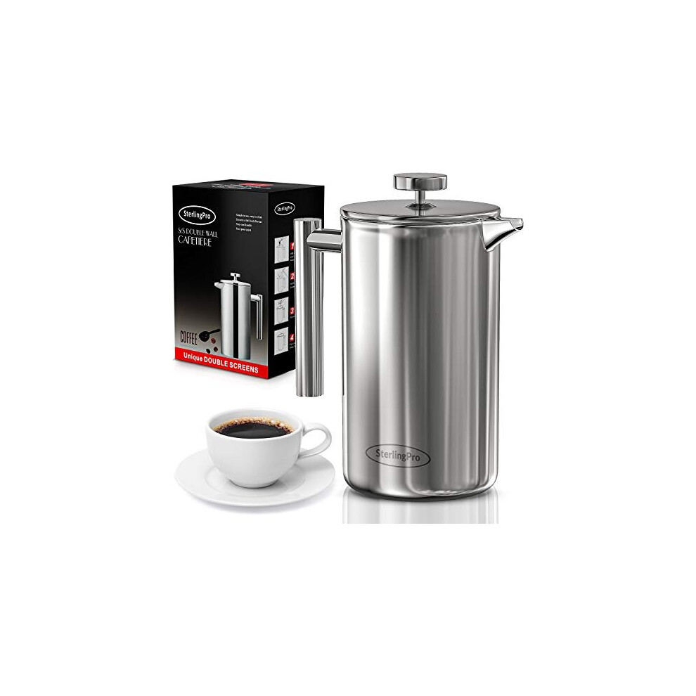 SterlingPro French Press Coffee Maker (1L)-Double Walled Large Coffee Press with 2 Free Filters-Enjoy Granule-Free Coffee Guaranteed, Stylish Rust Fre