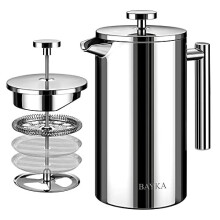 BAYKA French Press Coffee Maker, 304 Grade Stainless Steel with 4-Level Filtration Systems, 34Oz(1L) Coffee Press for Home Office, Dishwasher Safe, Si
