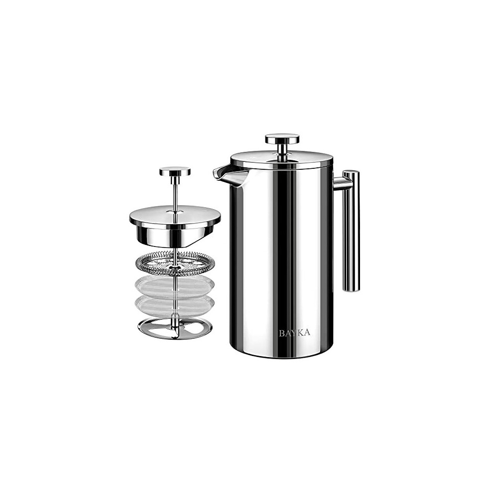 BAYKA French Press Coffee Maker, 304 Grade Stainless Steel with 4-Level Filtration Systems, 34Oz(1L) Coffee Press for Home Office, Dishwasher Safe, Si