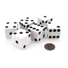 Zestaw 6 duzych, nieprzezroczystych kosci Jumbo K6 25 mm  bialych z czarna koncσwka od Koplow Games