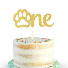 Gold Paw One Cake Topper - Golden Glitter Cardstock 1st Birthday Cake Smash Party Decoration Supplies for Baby, Single Sided Dog Paw First Birthday Ca