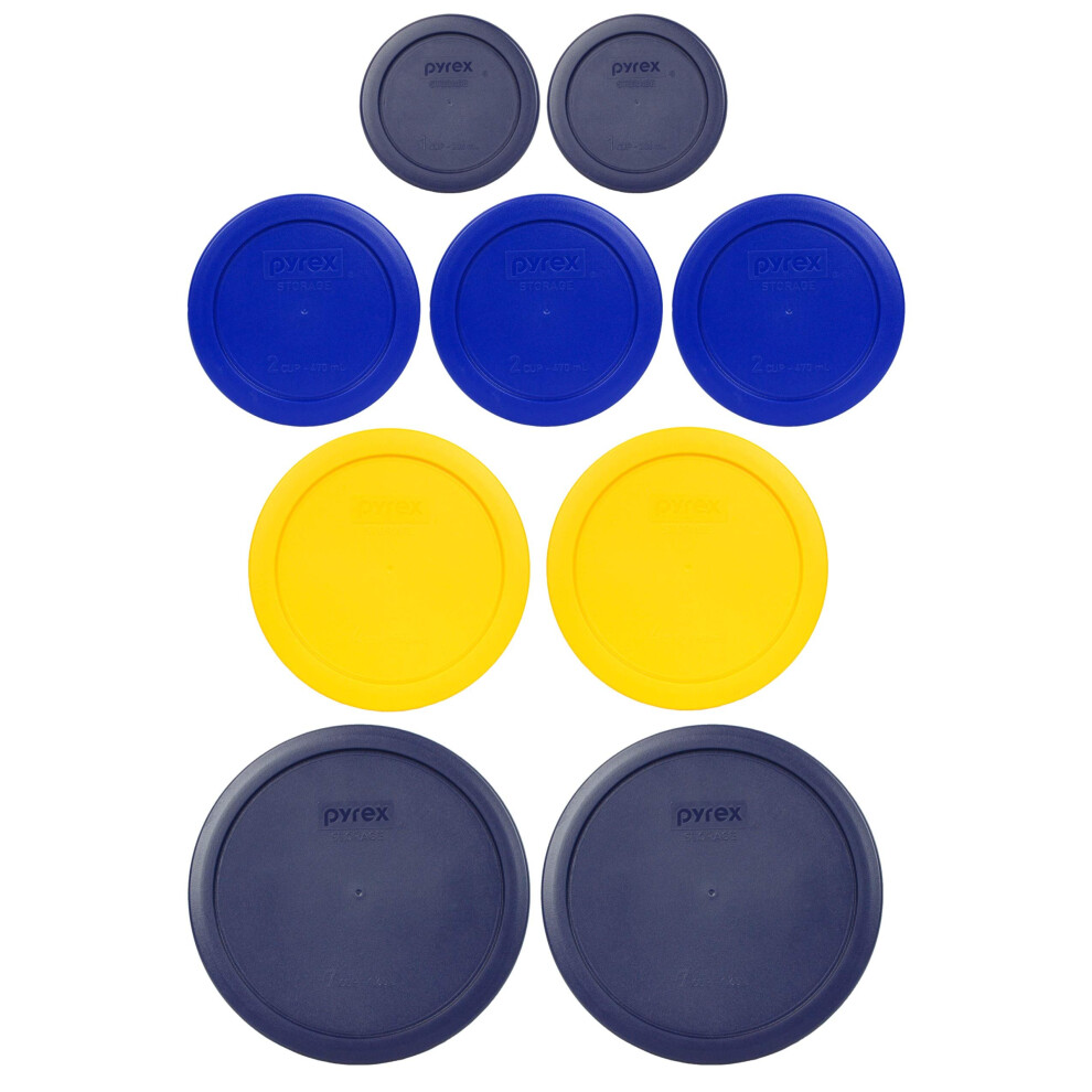 Pyrex (2) 7402-Pc 67 cup Blue (2) 7201-Pc 4 cup Meyer Yellow (3) 7200-Pc 2 cup cadet Blue (2) 7202-Pc 1 cup Blue Replacement Food Storage Lids