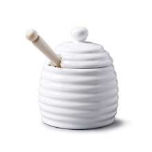 WM Bartleet & Sons 1750 T260 Traditional Porcelain Honey Pot with Beech Wood Dipper 11cm White
