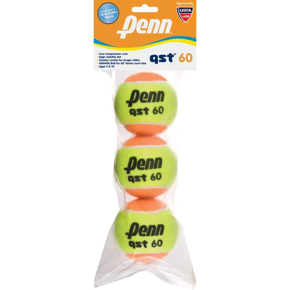 Penn QST 60 Tennis Balls - Youth Felt Orange Dot Tennis Balls for Beginners - 3 Ball Polybag