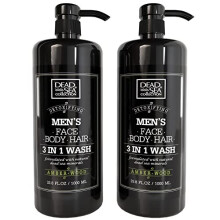 Dead Sea Collection 3 in 1 Body Wash voor Mannen - Amber Wood Reiniger voor Lichaam, Haar en Gezicht - 2 Flessen (33,8 Fl. Oz. Elk)