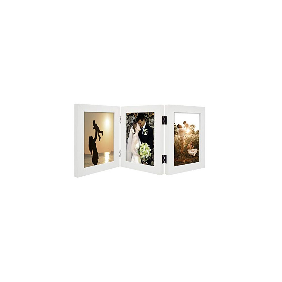 Golden State Art , 5X7 Three Picture Frame Trifold Hinged Photo Frame With 3 Openings, Desk Top Family Picture Collage, With Real Glass (White, 1-Pack)