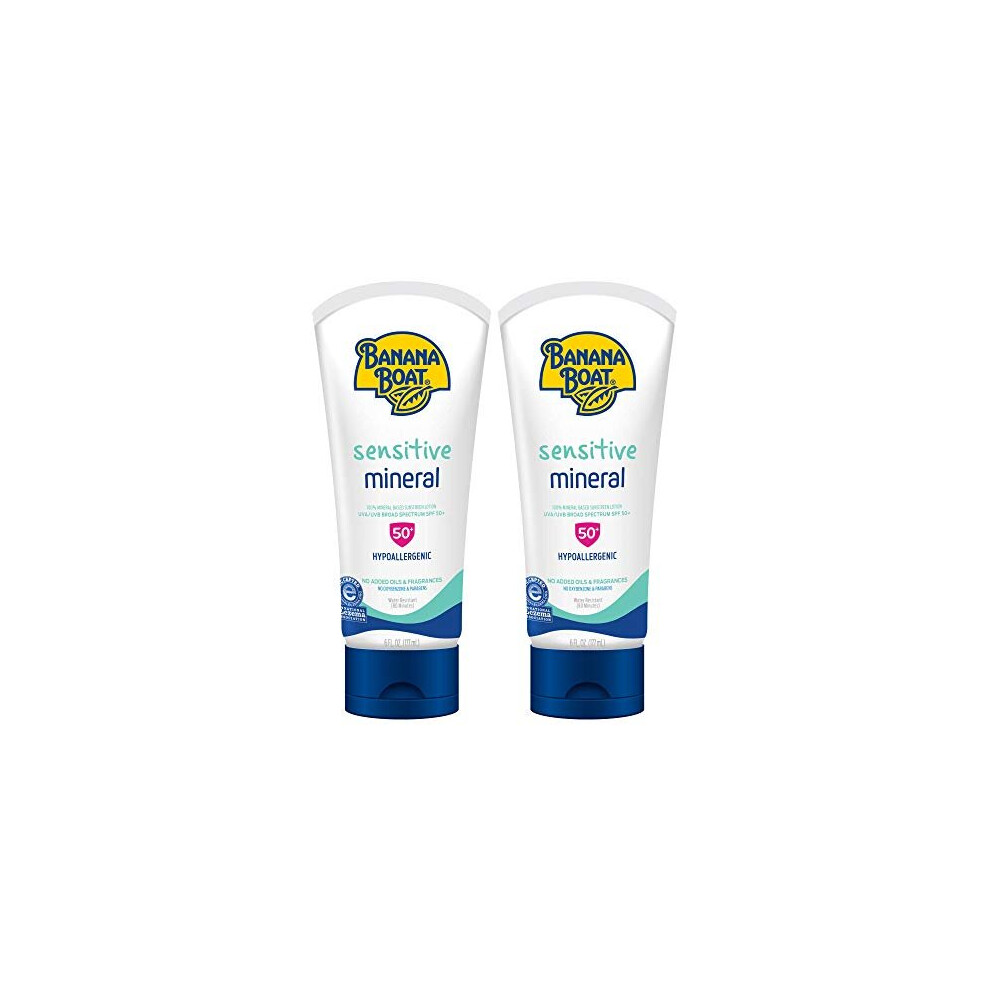 Banana Boat 100% Mineral, Reef Friendly, Broad Spectrum Sensitive Skin Sunscreen Lotion, SPF 50, 6oz - Twin Pack