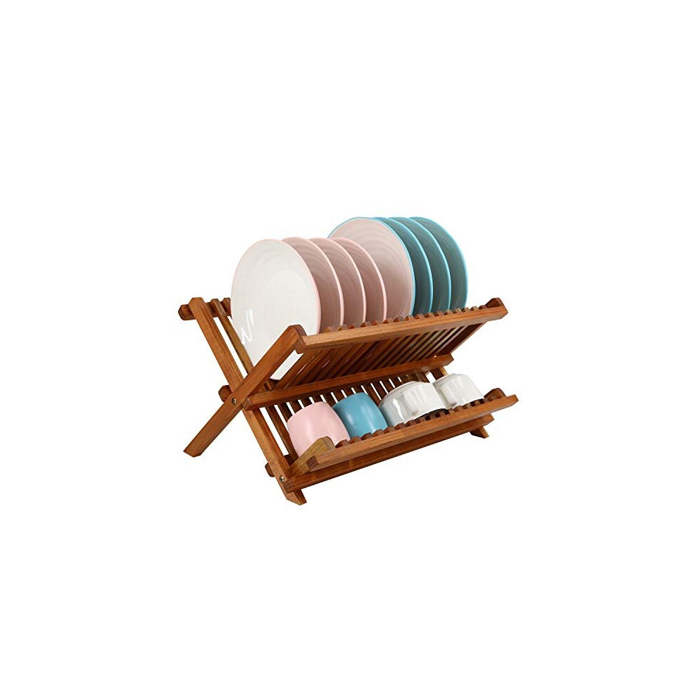 Utoplike Teak Dish Drainer Rack collapsible 2 Tier Dish Rack Dish Drying Rack Plate Holder for Kitchen compact Foldable