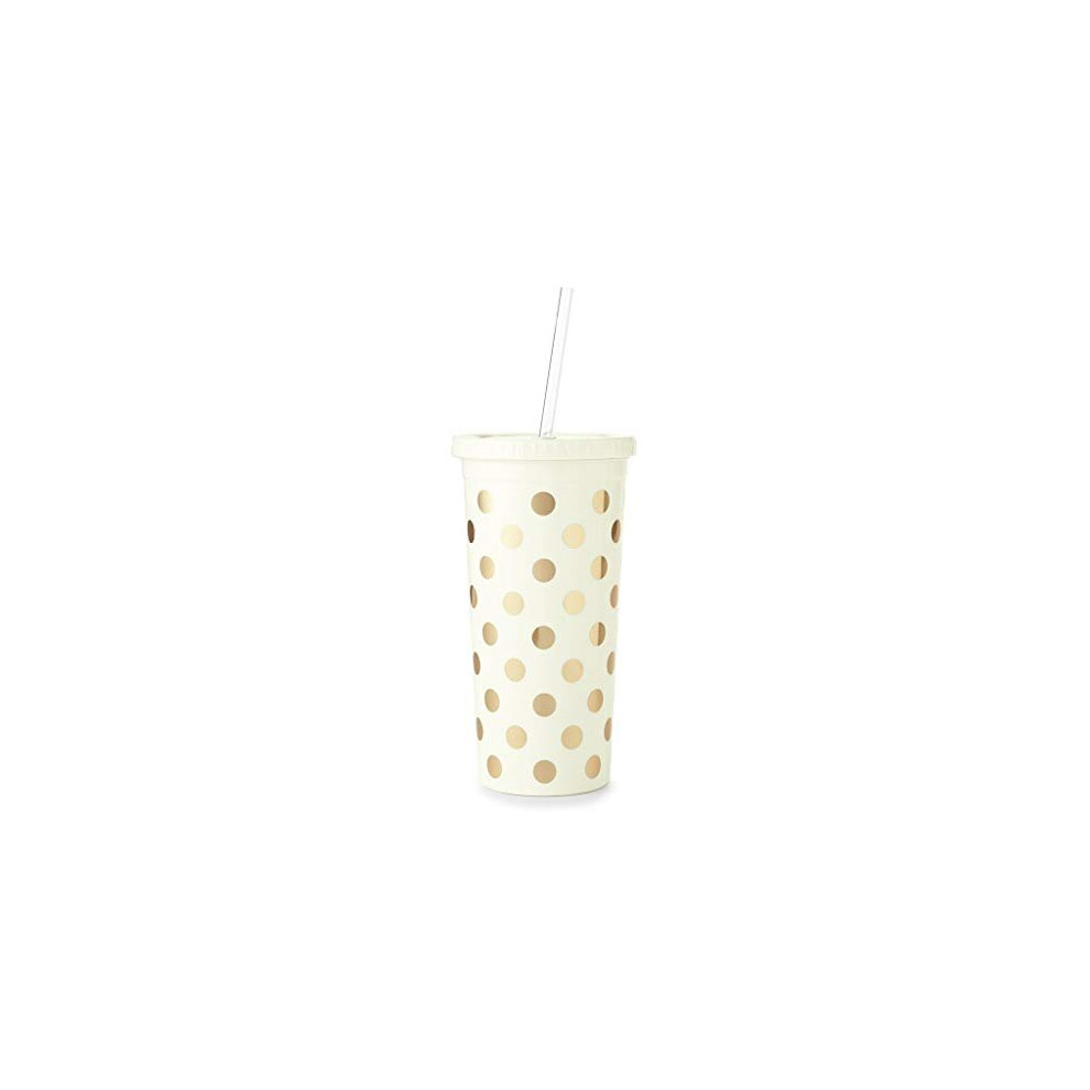 Kate Spade New York Insulated Plastic Tumbler with Reusable Straw, 20 Ounces, Gold Dots