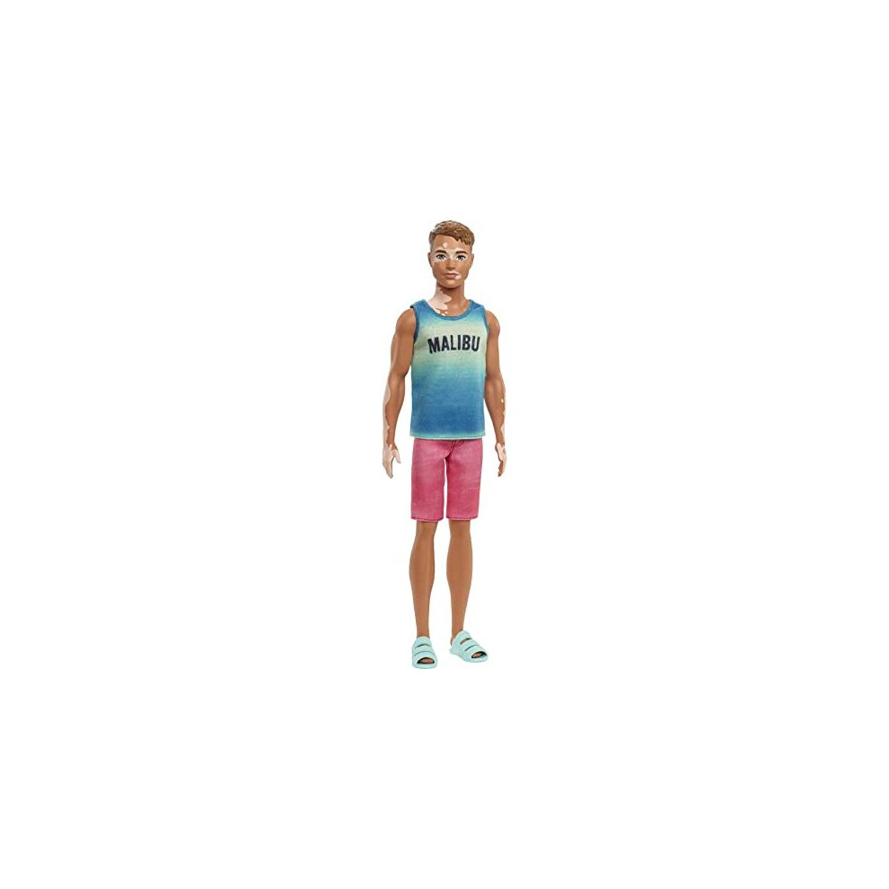Barbie Ken Fashionistas Doll #192 With Vitiligo, Brown Cropped Hair, Malibu Tank, Red Shorts And Blue Sandals - Inclusive Toy For Kids 3 To 8