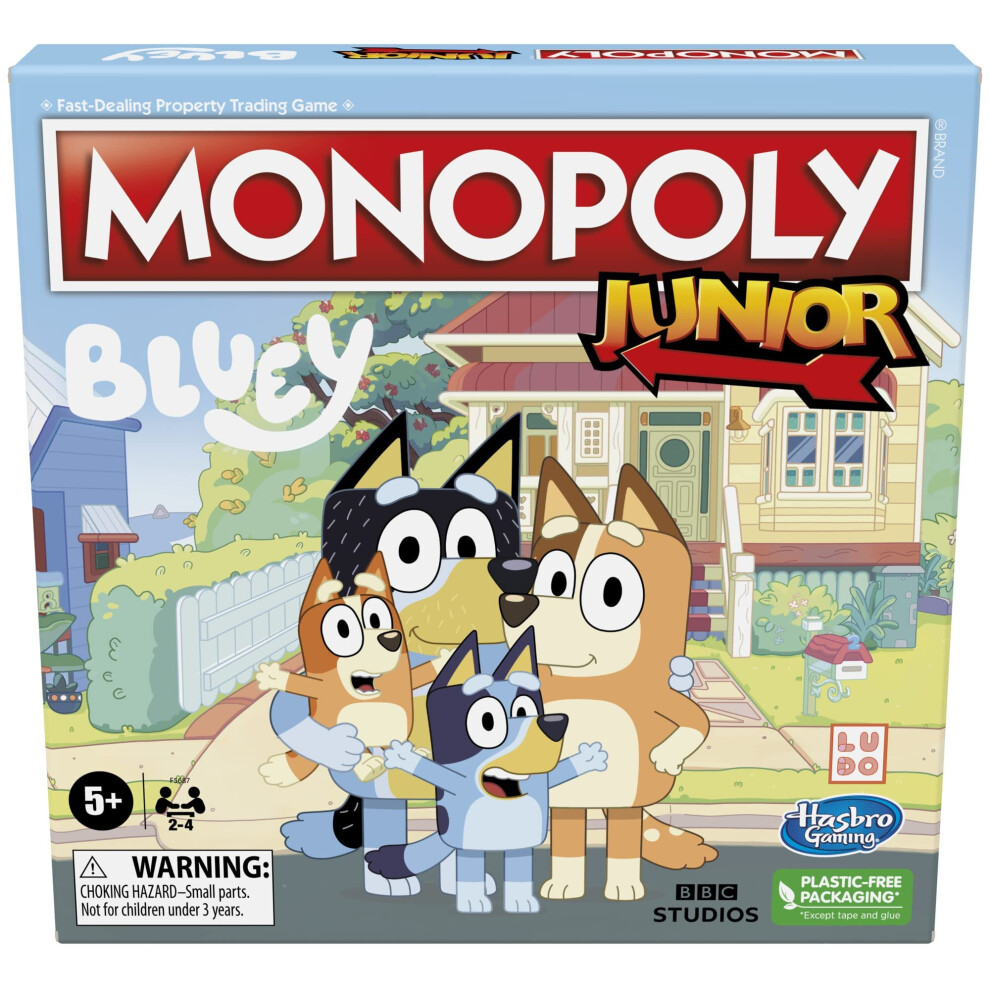 Hasbro gaming Monopoly Junior: Bluey Edition Board game for Kids Ages 5+, Play as Bluey, Bingo, Mum, and Dad, Features Artwork from The Animated Serie