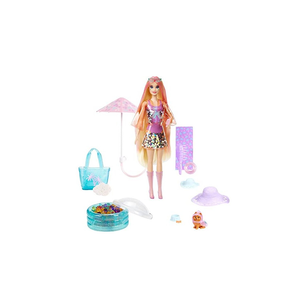 Barbie Color Reveal Sunshine and Sprinkles Doll & Accessories with 25 Surprises Including Water-Shower Umbrella & Color Change Palm Tree Theme, Gift f