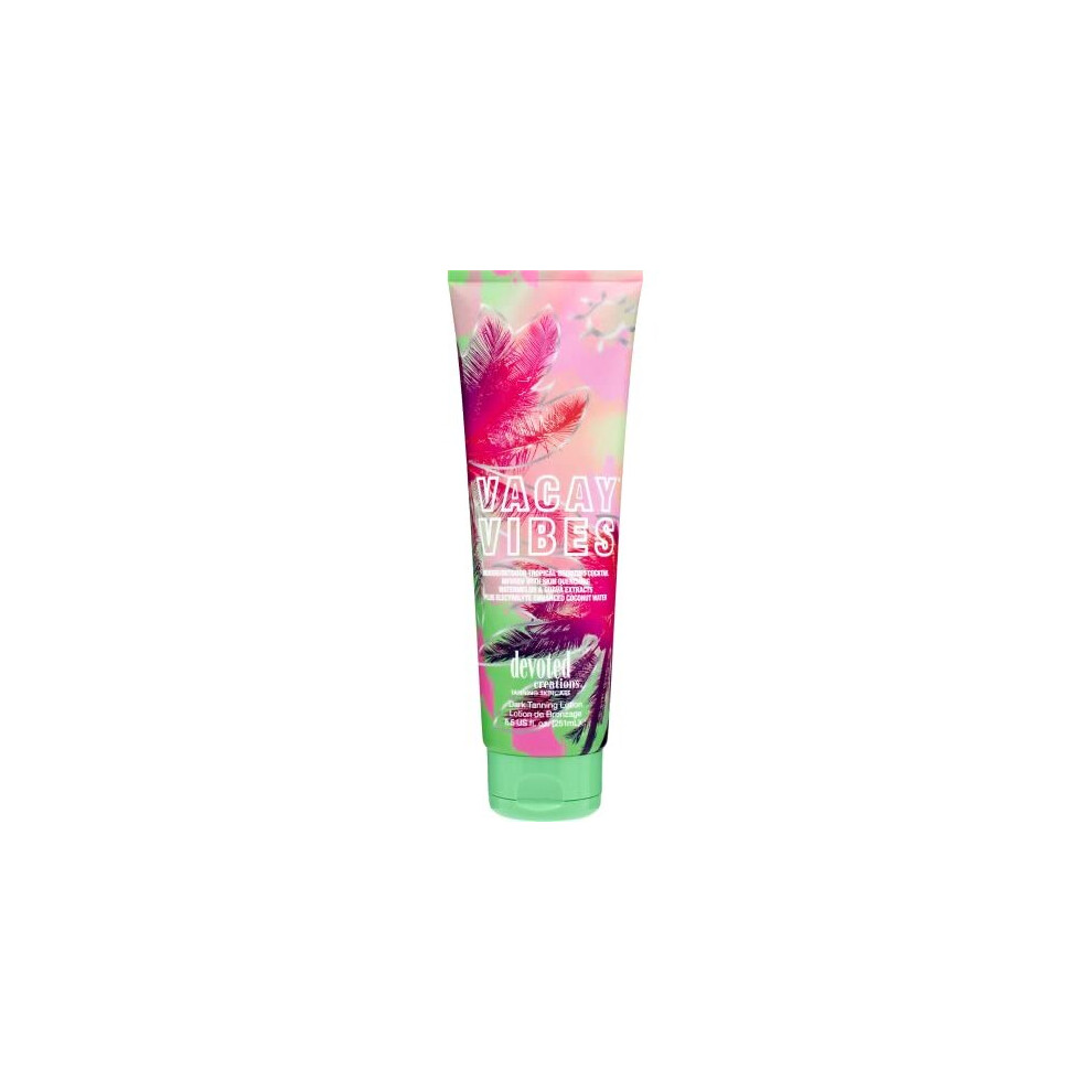 Devoted creations Vacay Vibes Tanning Lotion - IndoorOutdoor Tropical Bronzing cocktail Infused with Skin Quenching Watermelon and guava Extracts, plu