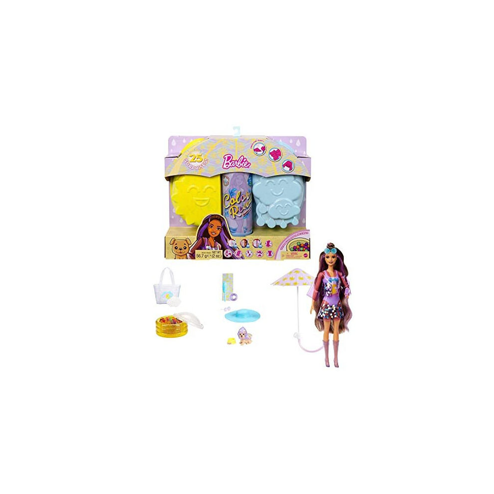 Barbie Color Reveal Sunshine and Sprinkles Doll & Accessories with 25 Surprises Including Water-Shower Umbrella & Color Change; Sun & Clouds Theme, Gi