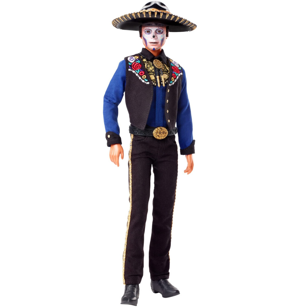 Barbie 2022 DAa De Muertos Ken Doll Wearing Shirt, Vest & Sombrero, with calavera Face Paint, gift for collectors