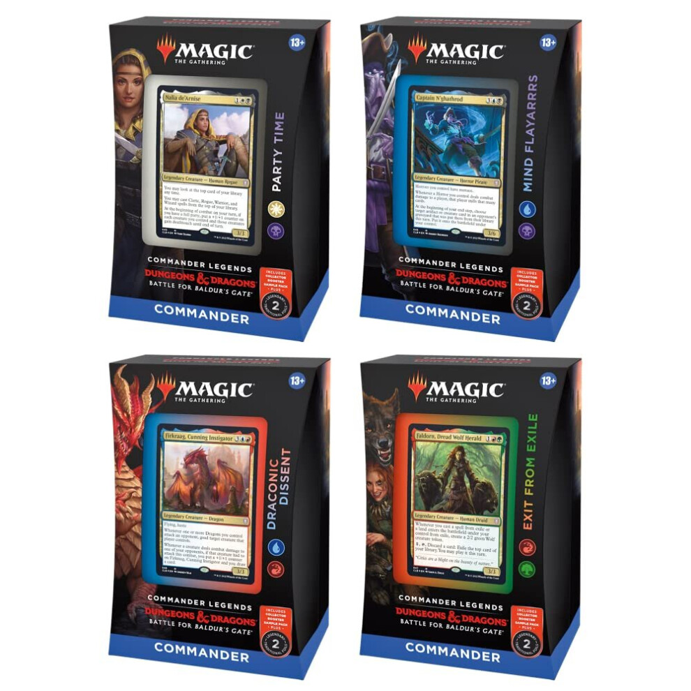 Magic: The gathering commander Legends: Battle for BaldurAs gate 4 commander Deck Bundle - Includes 1 Party Time, 1 Mind Flayarrrs, 1 Draconic Dissent