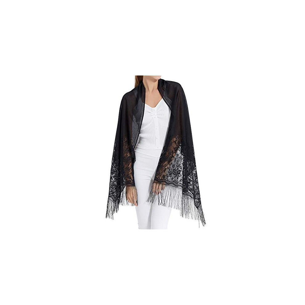 RIIQIICHY Womens Floral Lace Mesh Party Prom Wedding Shawl Scarf with Fringe