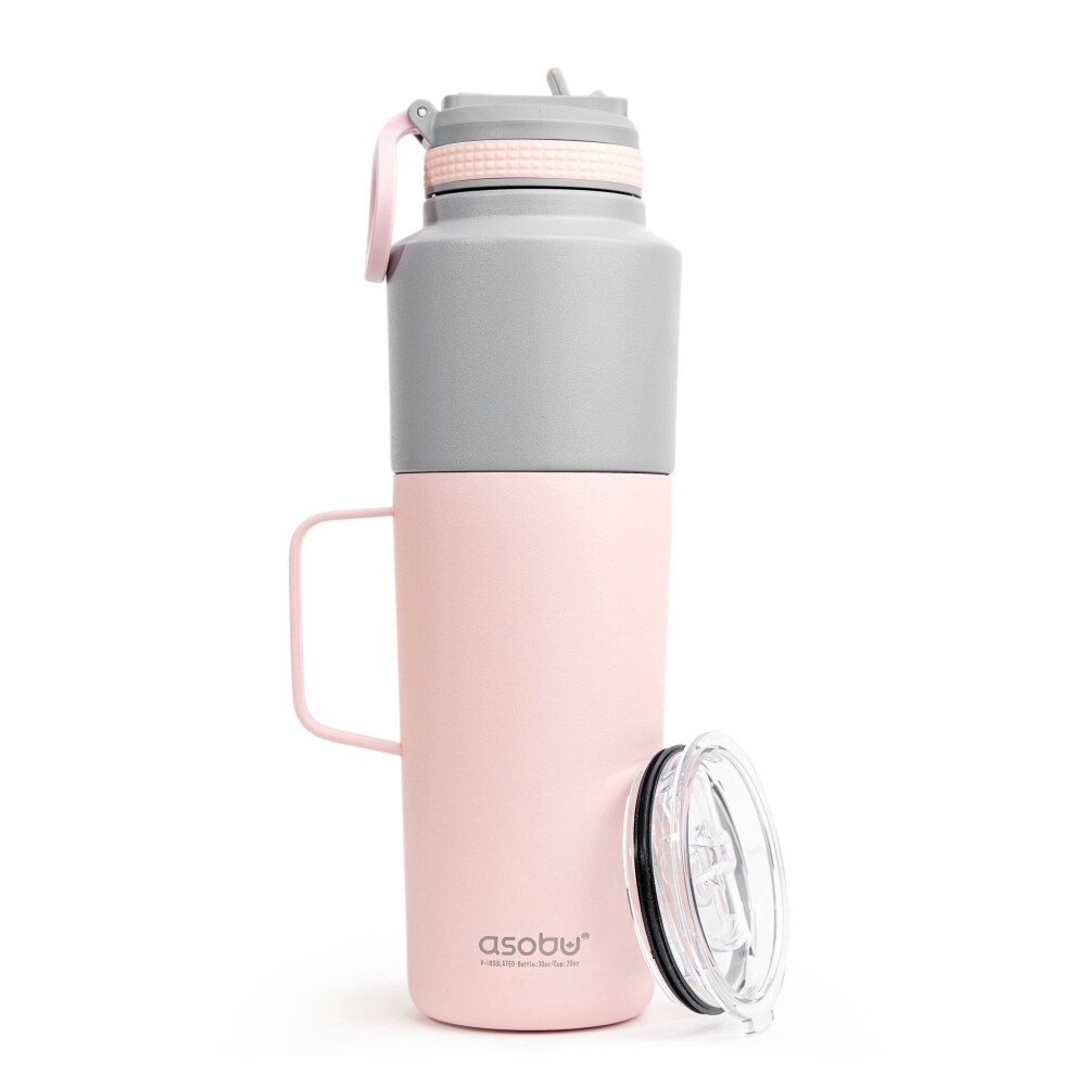 Asobu Insulated Water Bottle Flask With Straw Lid 30 Ounce And Insulated Stainless Steel Coffee 20 Ounce Mug Attached Twin Pack (Pink) Pink