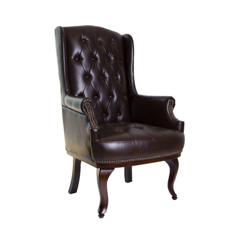 Fine Chairs Chesterfield Style Bonded Leather High back Winged Fireside Armchair Chair Orthopedic (Chocolate Brown)