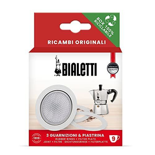 Bialetti Bialetti 3 gaskets (Rubber Rings) 1 Filter Plate Replacement for Moka 9 cups