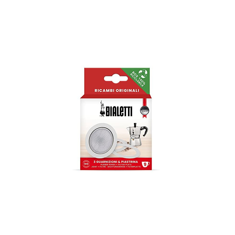 Bialetti 3 Gaskets (Rubber Rings) 1 Filter Plate Replacement For Moka 9 Cups