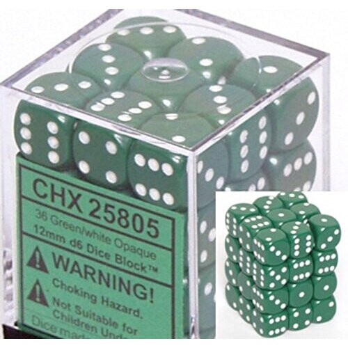 Chessex Opaque 12mm d6 Πράσινα με Λευκά Ζάρια 36 Ζαριών