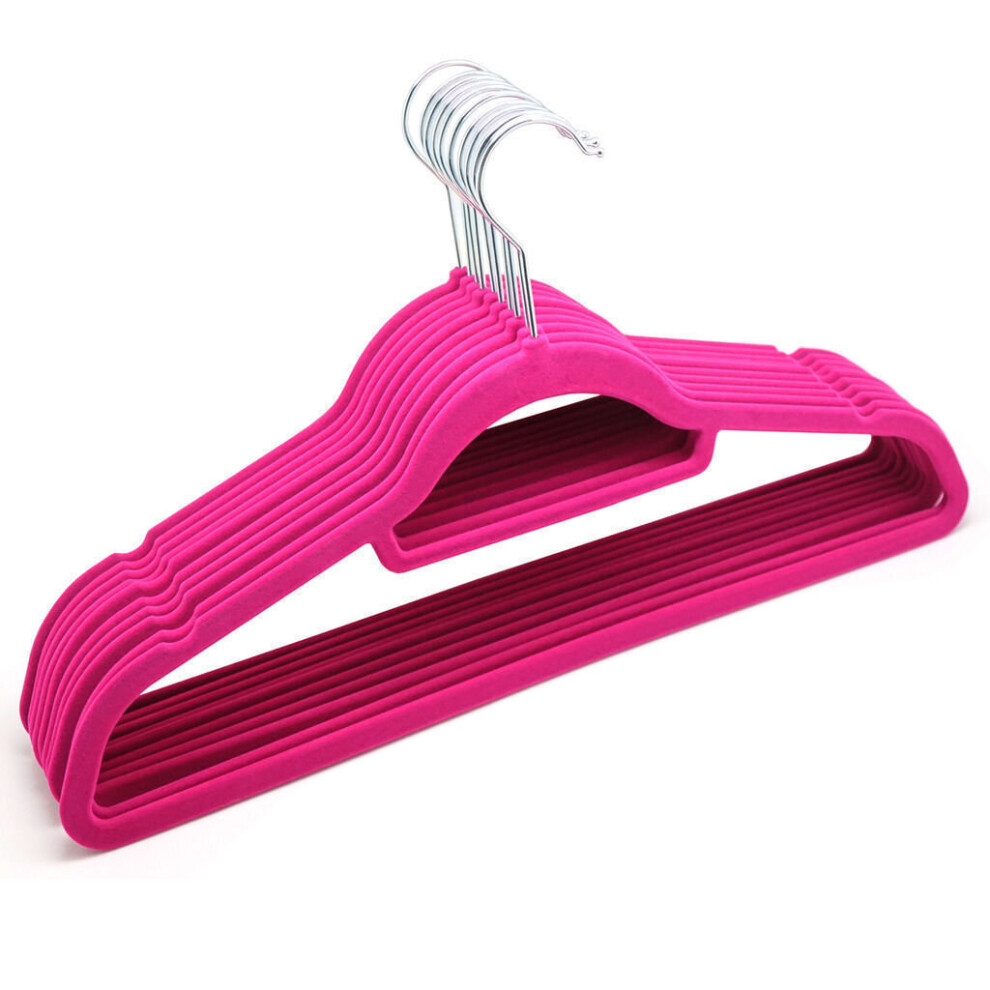 (Pink) Coat Clothes Hangers Velvet Flocked Non Slip Curved Trousers Dresses Slim 10PK