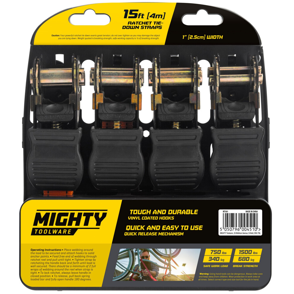 Mt 4Pc Ratchet Tie Down Cargo Straps 1 25Mm Wide 4.5M Lashing Truck Trailer Car 5050796004510