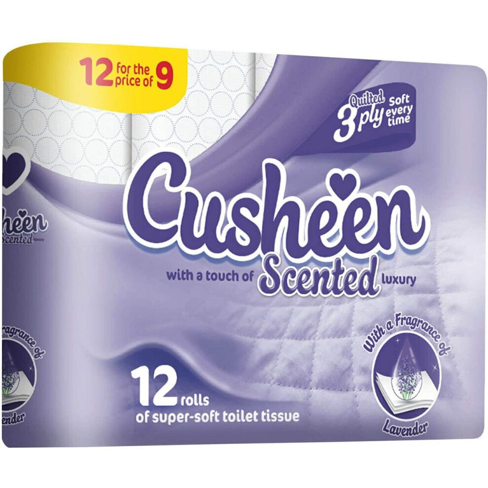 Cusheen New Toilet Roll Bulk Buy - Pack Of 12 Rolls Quilted 3 Ply Fragrance Toilet Rolls White/Lavender