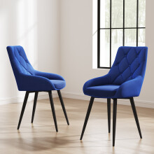 (Blue) 2pcs Velvet Metal Legs Button Upholstered Dining Chairs