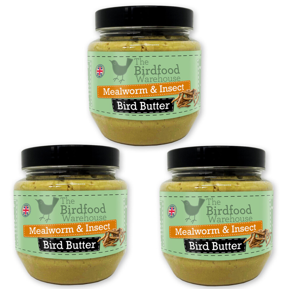 (3 x 375g Jar) Mealworm & Insect Suet Bird Butter - Wild Bird Food, Peanut Butter for Birds