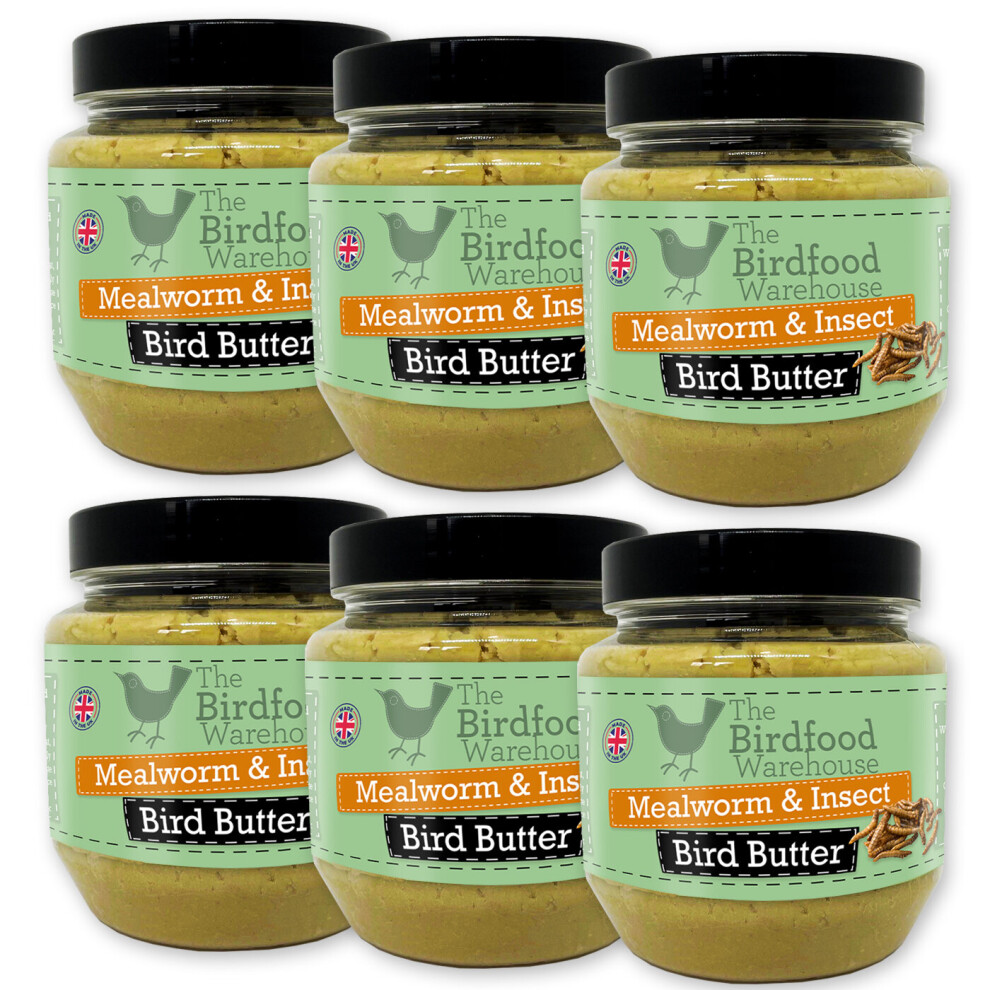 (6 x 375g Jar) Mealworm & Insect Suet Bird Butter - Wild Bird Food, Peanut Butter for Birds