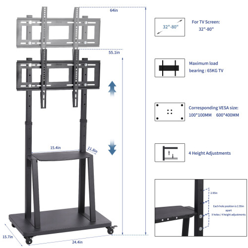 Heavy Duty TV Mount Stand on Wheels Rolling TV Floor Bracket 2