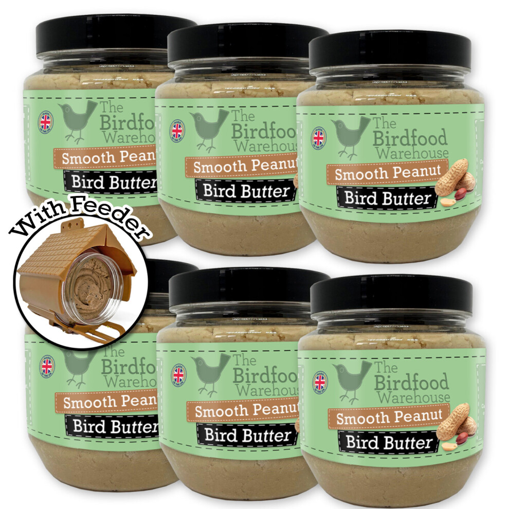 (6 x 375g Jar with Feeder) Smooth Peanut Butter Suet Bird Butter - Wild Bird Food, Peanut Butter for Birds