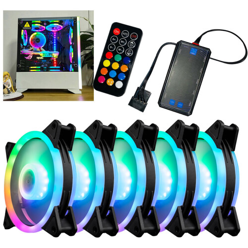 5x 120mm RGB LED Ring Fans with Hub & RF Remote - Quiet 12V PC Cooling Pack (Code 1006478)