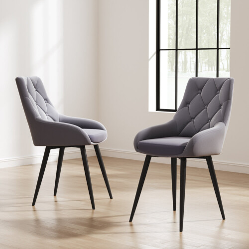Living And Home (Grey) 2pcs Velvet Metal Legs Button Upholstered Dining Chairs