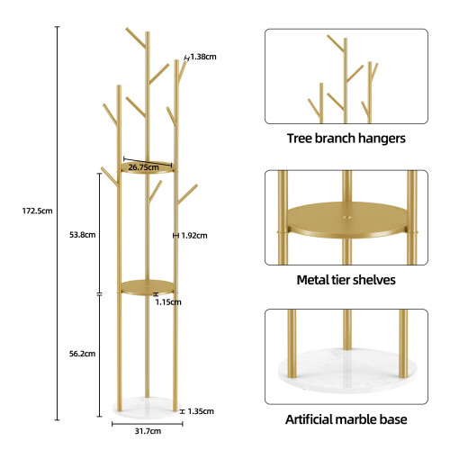 Marble Base Hall Tree Entryway Coat Rack Stand Clothes Hangers 2