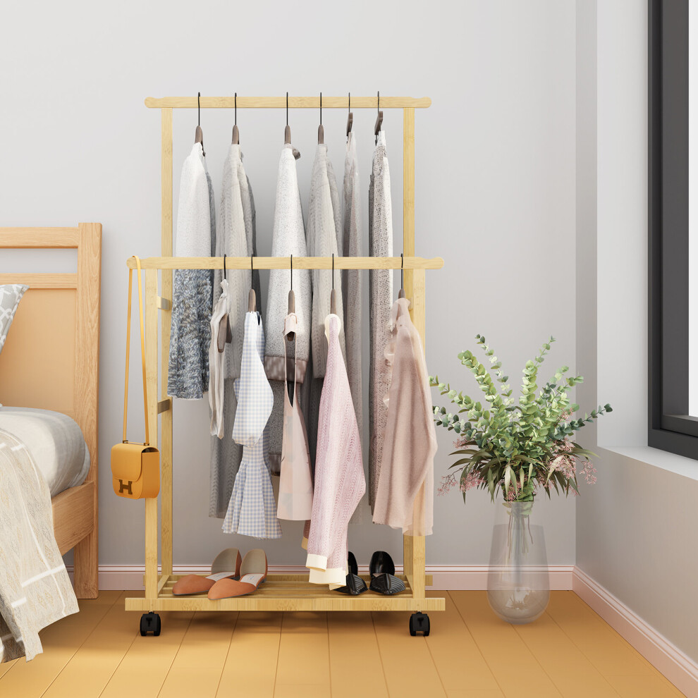 Wooden Clothes Organizer Stand  Bamboo Coat Rack Stand with Wheels