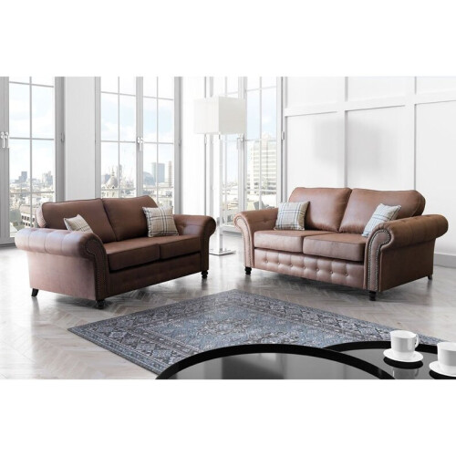 Furniture 786 (Tan Brown) Oakland Suede Leather 3 2 Seater Sofa Set 2