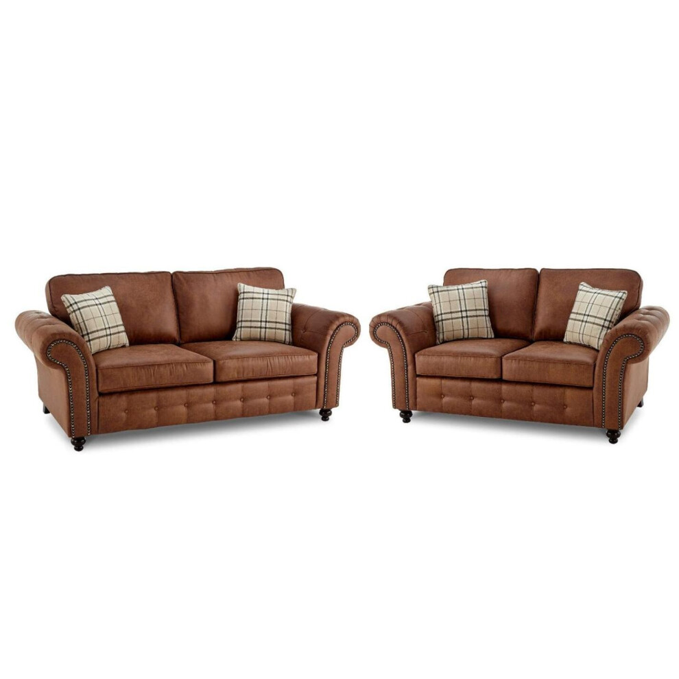 (Tan Brown) Oakland Suede Leather 3 2 Seater Sofa Set