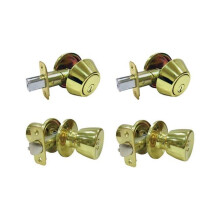 Tulip Polished Brass Metal Entry Knob & Single Cylinder Deadbolt - 3 Grade Right Handed