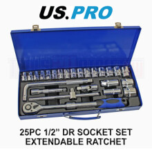 US PRO Tools 25pc 1/2" dr Extendable Ratchet Socket Set 10 - 32mm Sockets 6pt 3951