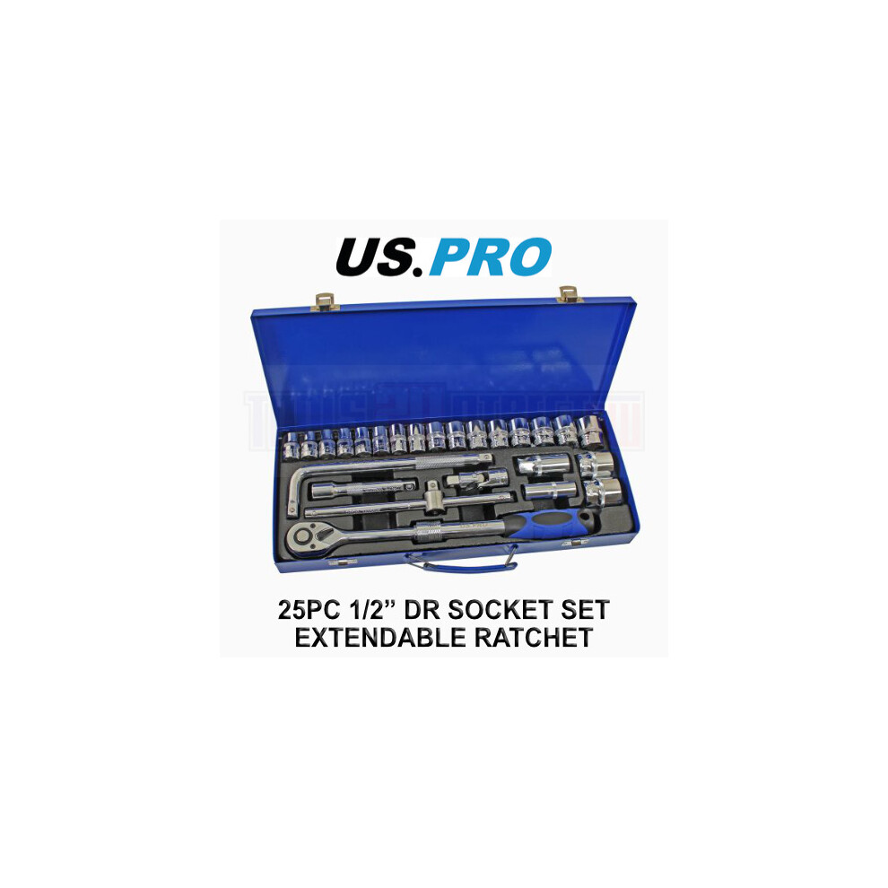 Us Pro Tools 25Pc 1/2" Dr Extendable Ratchet Socket Set 10 - 32Mm Sockets 6Pt 3951